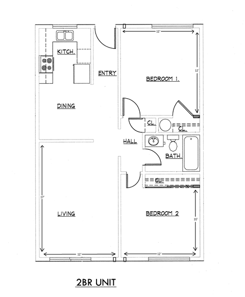 Floor plan for 2 beds, 2 baths, 888 sqft